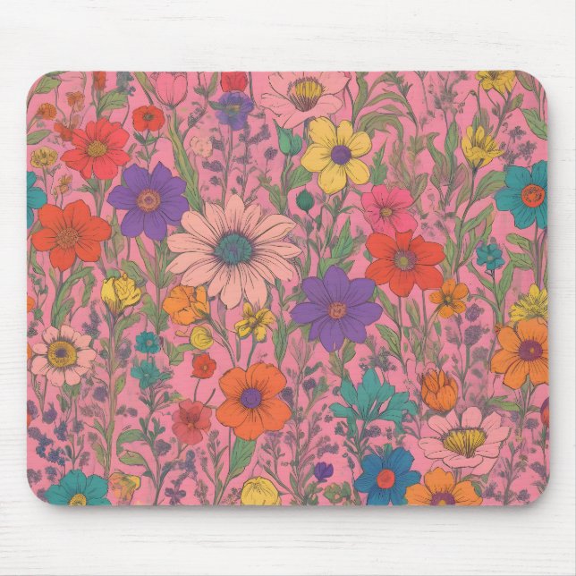 Colorful floral pattern on pink mouse pad (Front)