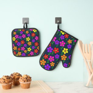 Colorful Floral Pattern Oven Mitt & Pot Holder Set