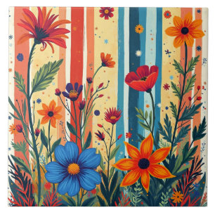 Colorful Floral Stripes Design Tile