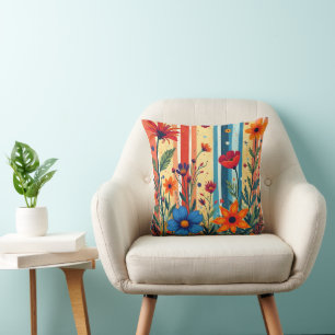 Colorful Floral Stripes Rainbow Design Throw Pillow