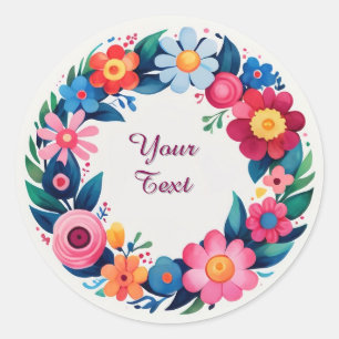 Colorful Floral Wreath Design Classic Round Sticker