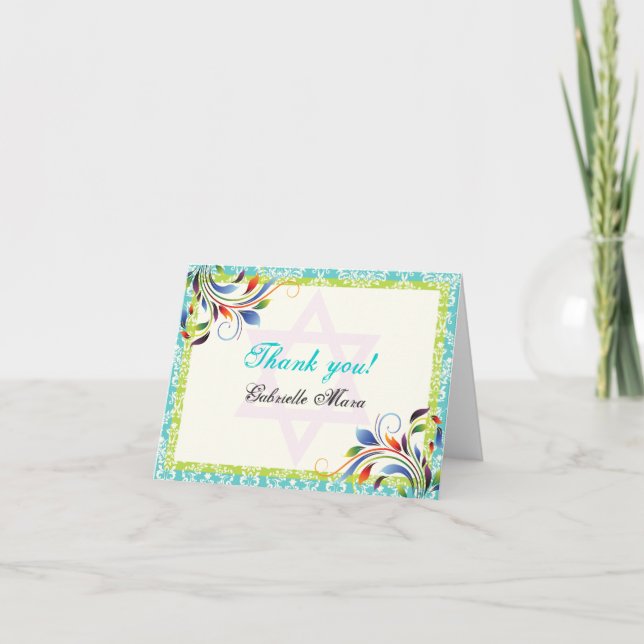 Colorful flourish & Star of David damask Thank You Card (Front)