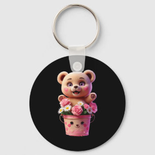 Colorful flower bucket with teddy funny unisex keychain