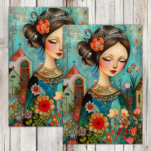 COLORFUL FLOWER GIRL IN SPRING GARDEN DECOUPAGE