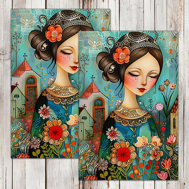COLORFUL FLOWER GIRL IN SPRING GARDEN DECOUPAGE TISSUE PAPER (COLORFUL FLOWER GIRL IN SPRING GARDEN DECOUPAGE TISSUE PAPER)