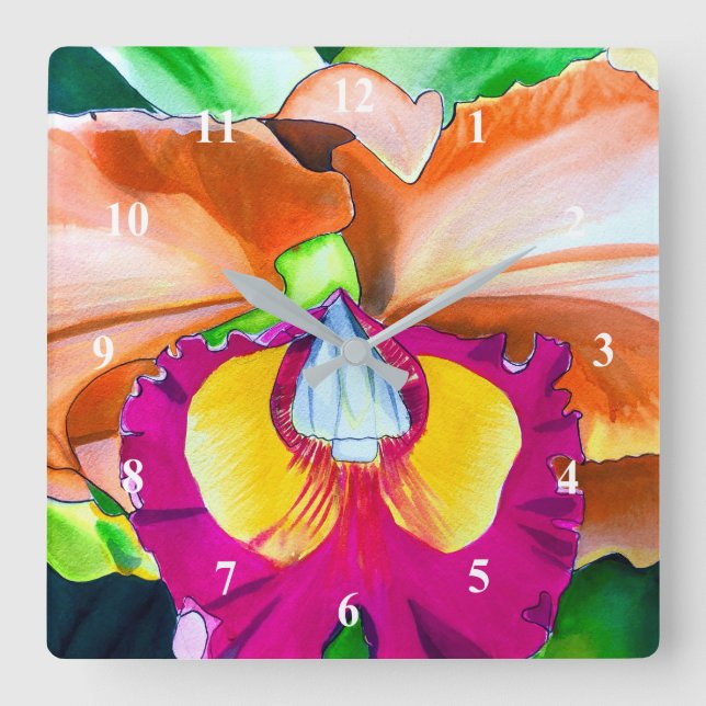 Colorful flower orchid watercolor art square wall clock (Front)