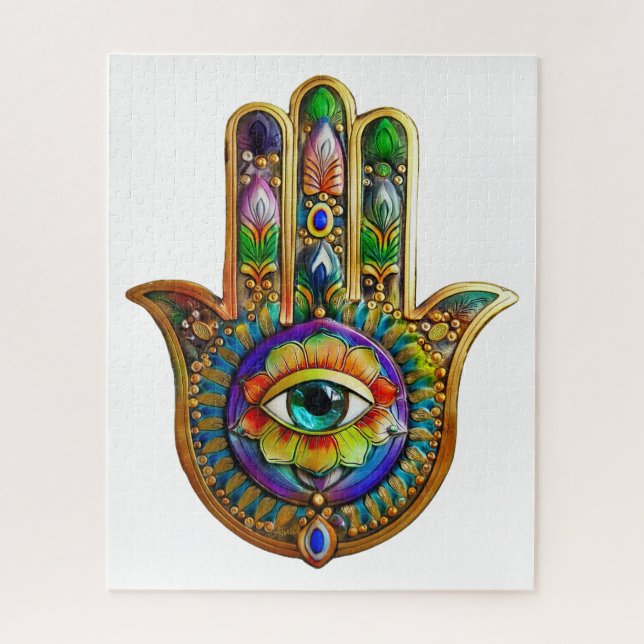 Colorful Flower Petals Turquoise Third Eye Hamsa Jigsaw Puzzle (Vertical)