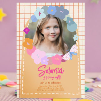 Colorful Flower Photo Birthday Girl Invitation