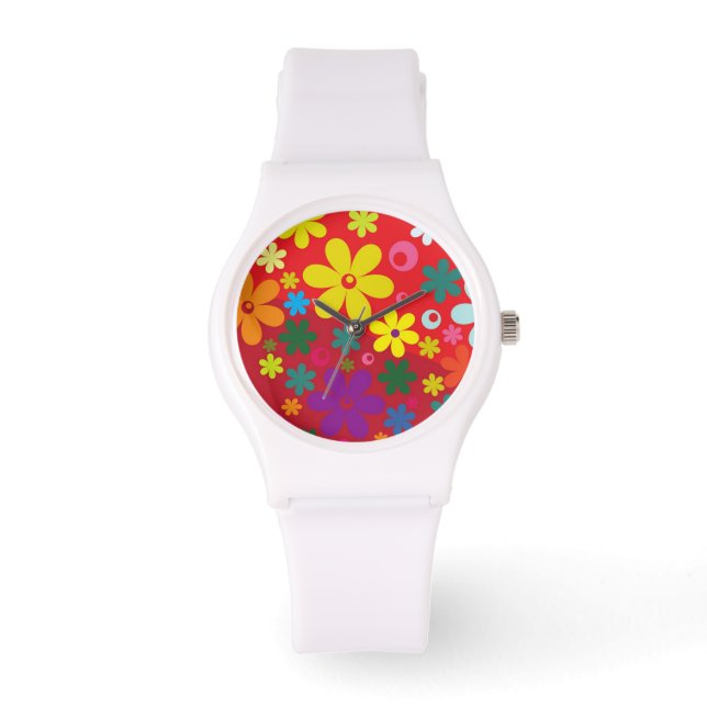 Colorful Flower Power Red Watch (Front)