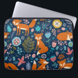 Colorful Flowers & Foxes Retro Pattern Laptop Sleeve<br><div class="desc">Cool colorful retro flowers birds and red foxes cute illustration seamless pattern. Dark blue customizable background color.</div>