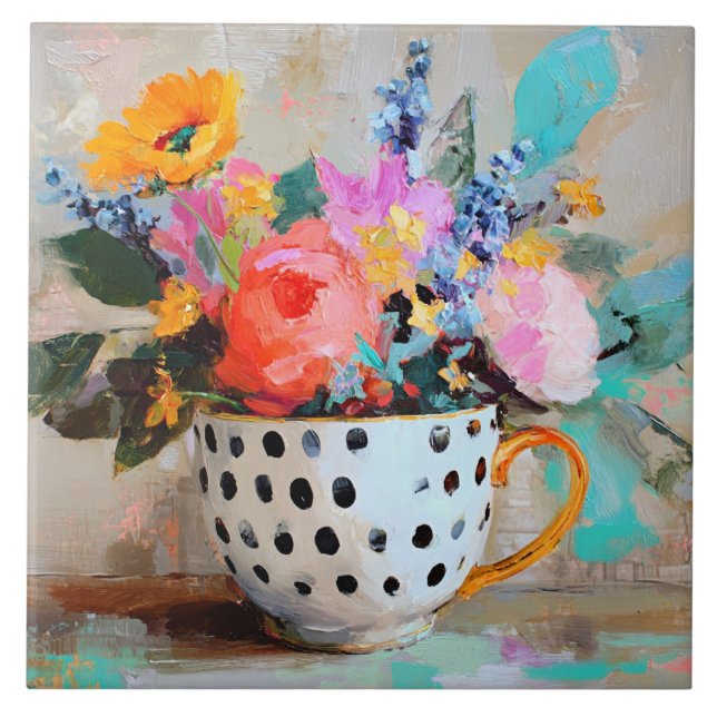 Colorful Flowers in Polka Dot Teacup Tile (Front)