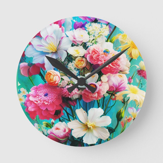 Colorful Flowers on Teal Background Round Clock (Front)