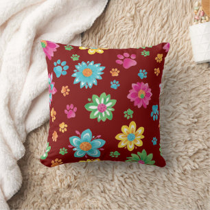 Colorful Flowers & Paw Prints Pillow