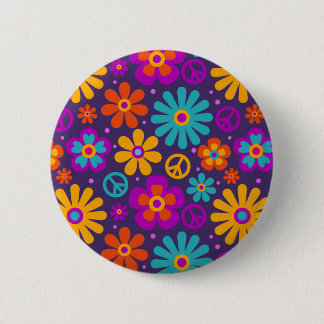 Colorful Flowers Peace Love Groovy Retro Hippie 2 Inch Round Button