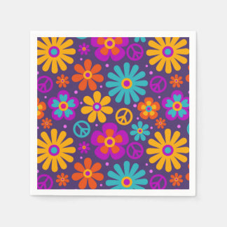 Colorful Flowers Peace Love Groovy Retro Hippie Napkin