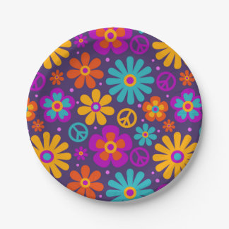 Colorful Flowers Peace Love Groovy Retro Hippie Paper Plate