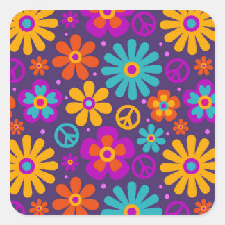 Colorful Flowers Peace Love Groovy Retro Hippie Square Sticker