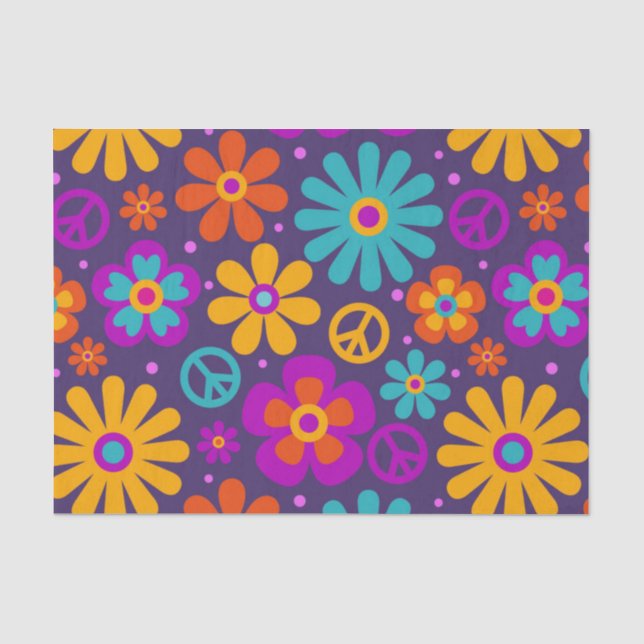 Colorful Flowers Peace Love Groovy Retro Hippie Tissue Paper (Front)