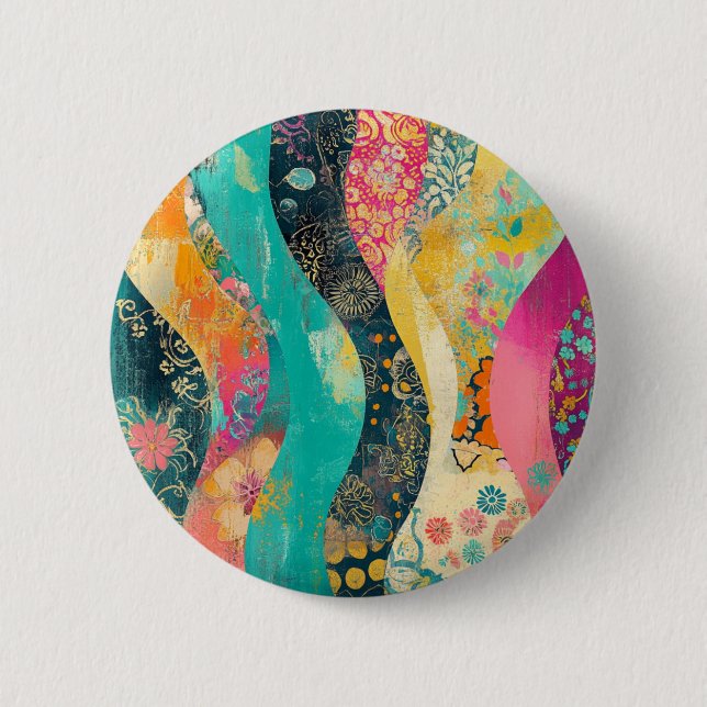 Colorful Flowers Wave 2 Inch Round Button (Front)