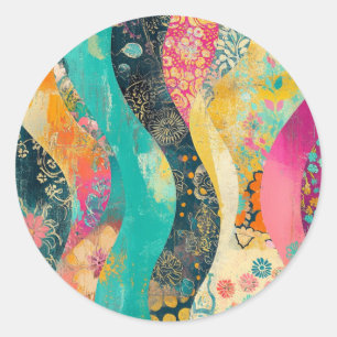 Colorful Flowers Wave Classic Round Sticker
