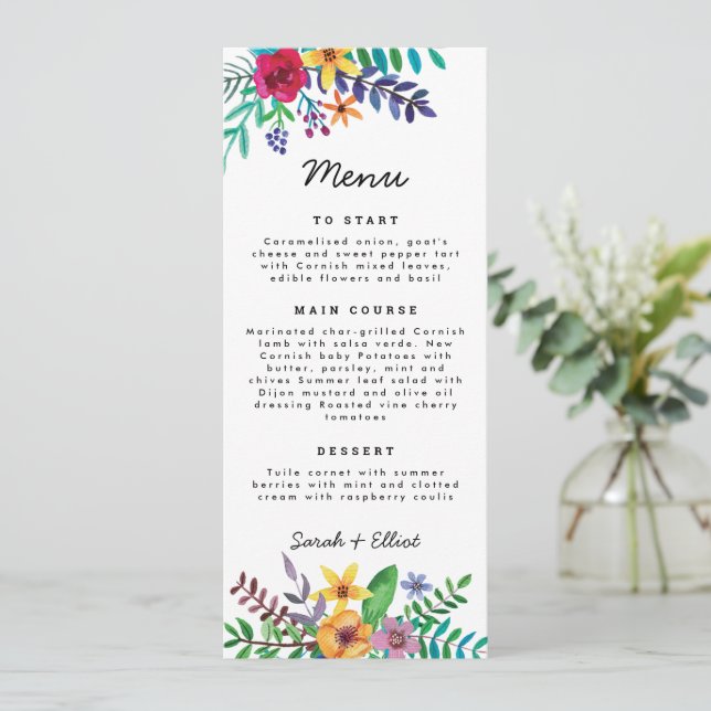 Colorful Flowers Wedding Flat Menu (Standing Front)