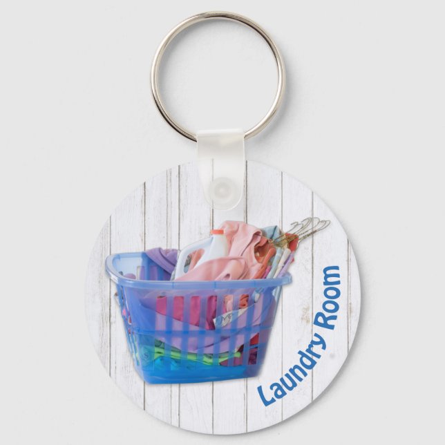 Colorful Folded Laundry On Hangers In Blue Basket  Keychain (Front)