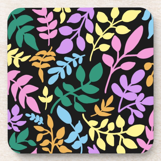 Colorful foliage in black background coaster (Front)