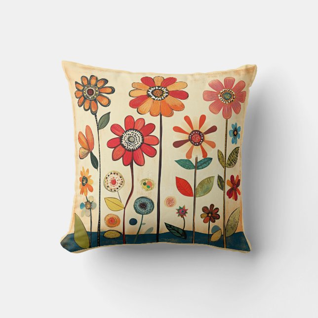 Colorful Folk Art Flowers Throw Pillow (Front)