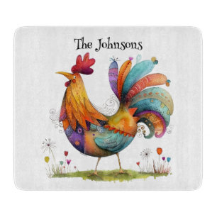 Colorful Folk Art Rooster Farmhouse Kitchen Decor Cutting Board