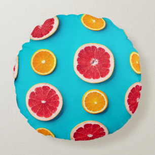 Colorful fruit pattern of fresh orange and grapefr round pillow