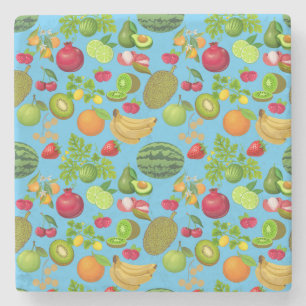 Colorful Fruits Pattern 01.b Lblue BG Stone Coaster
