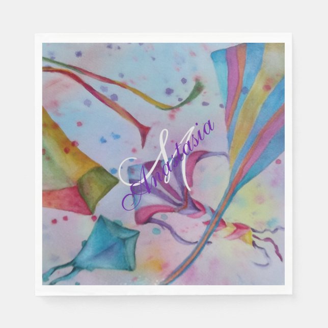 COLORFUL FUN FLYING KITES MONOGRAM PARTY NAPKIN (Front)