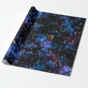 Colorful galaxies, stars and planets in night sky wrapping paper