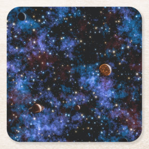 Colorful galaxies, stars and planets in night square paper coaster
