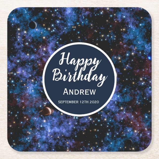 Colorful galaxies, stars and planets square paper coaster (Front)