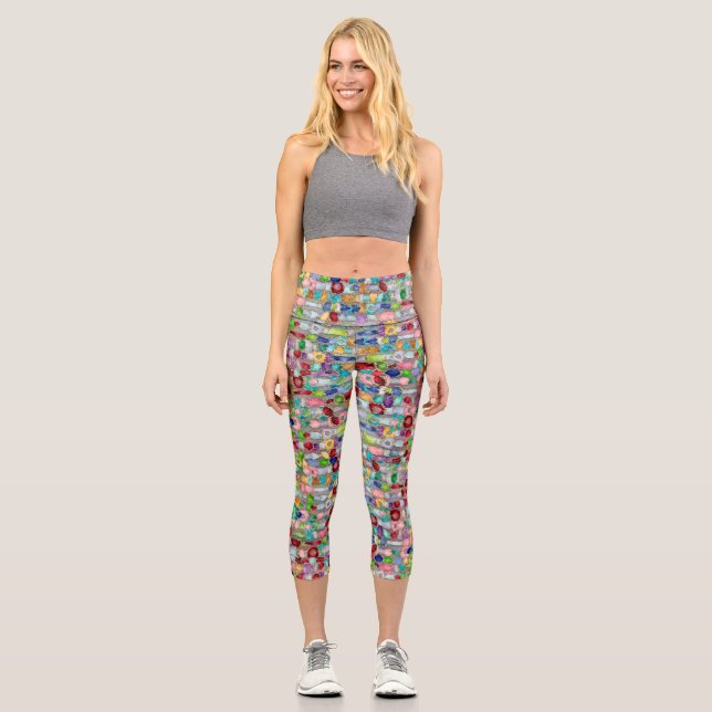 Colorful Gemstone Crystal Cluster Strings Capri Leggings (Front)