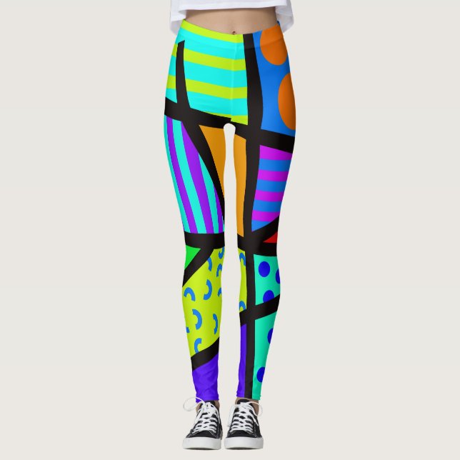 Colorful Geometric 80s Memphis Design  Leggings (Front)