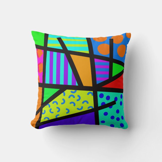Colorful Geometric 80s Memphis Design Throw Pillow (Front)