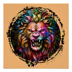 COLORFUL GEOMETRIC ABSTRACT MAJESTIC LION ROAR POSTER