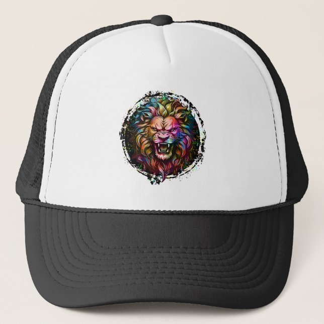 COLORFUL GEOMETRIC ABSTRACT MAJESTIC LION ROAR TRUCKER HAT (Front)