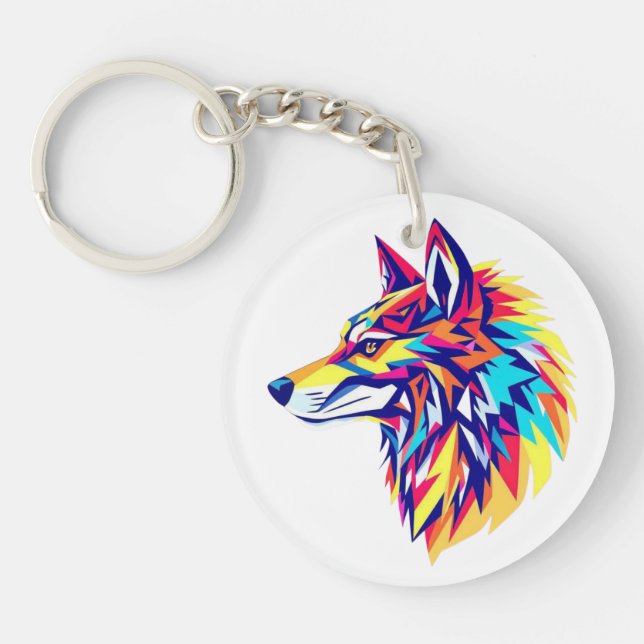 Colorful Geometric Wolf Acrylic Keychain (Front)