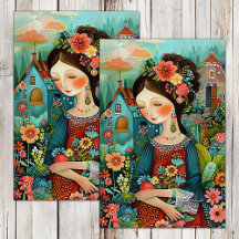 COLORFUL GIRL IN FLOWER GARDEN DECOUPAGE