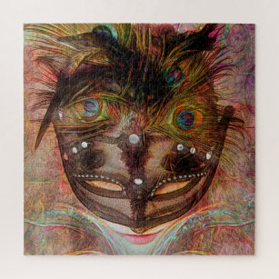 Colorful Girl in Mask With Peacock Feathers Square Jigsaw Puzzle