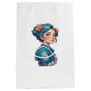 Colorful Girl Portrait with Flowers Medium Gift Bag