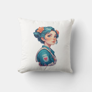 Colorful Girl Portrait with Flowers Throw Pillow