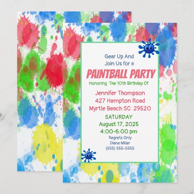 Colorful Girls Paintball Birthday Party Invitation (Front/Back)