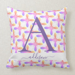 Colorful Girly Flower Monogram Name  Throw Pillow