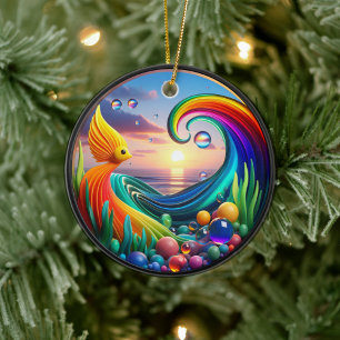 Colorful Glass Abstract Angelfish Aquatic Life Ceramic Ornament