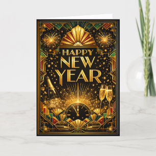 Colorful Gold Art Deco Happy New Year Holiday Card