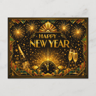Colorful Gold Art Deco Happy New Year Holiday Postcard
